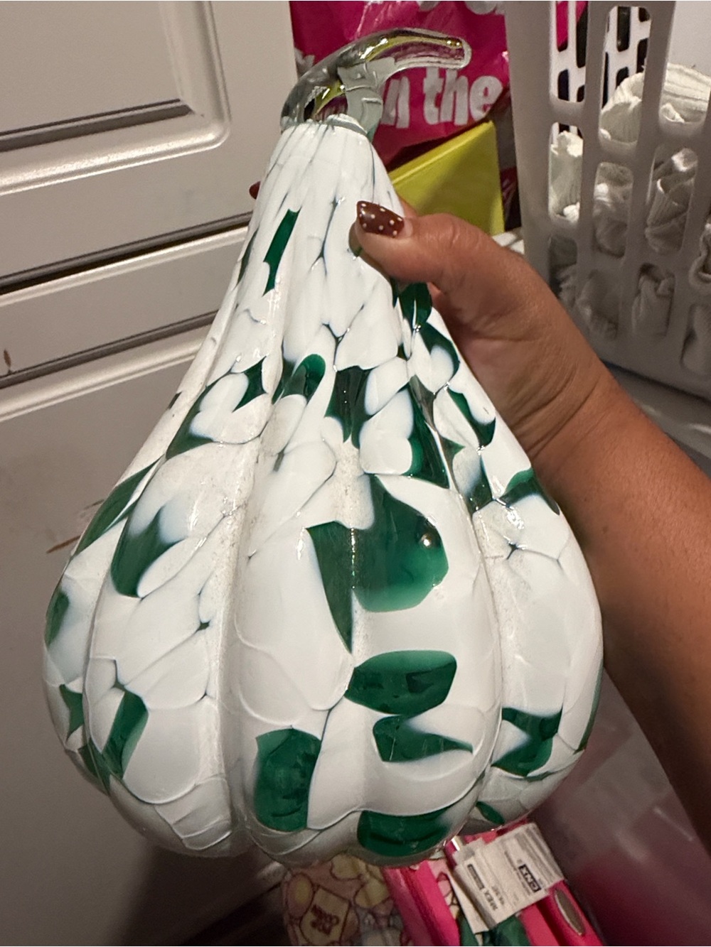 White and Green Patterned Glass Gourd